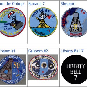 May include: A collection of nine circular patches, each featuring a different design related to the Mercury space program. The patches include the names "Chop Chop Chang", "Ham the Chimp", "Banana 7", "Shepard", "Friendship 7", "Grissom #1", "Grissom #2", and "Liberty Bell 7".