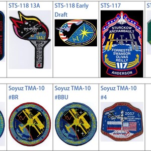 May include: A collection of eight embroidered patches featuring space shuttle and Soyuz spacecraft missions. The patches are rectangular and circular in shape and feature various colors, including red, blue, white, yellow, and black. The patches depict space shuttles, the International Space Station, and Soyuz spacecraft.