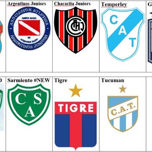 May include: A collage of 10 soccer team logos. The logos are arranged in two rows of five. The logos are all different colors and designs. The logos include Arsenal, Argentinos Juniors, Chacarita Juniors, Temperley, Guillermo Brown, Sarmiento #OLD, Sarmiento #NEW, Tigre, Tucuman.