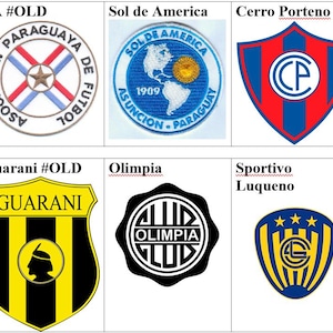 May include: A collection of logos and emblems, including the Paraguayan Football Association, Sol de America, Cerro Porteno, and Nacional. The image also features logos for Guarani and Olimpia.