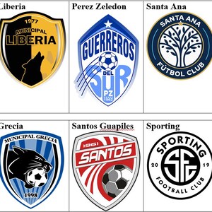 Può includere: Un collage di nove loghi di squadre di calcio. I loghi sono disposti in una griglia di tre righe e tre colonne. I loghi sono tutti di colori e design diversi. I loghi includono i nomi delle squadre: Guanacasteca, Liberia, Perez Zeledon, Santa Ana, San Carlos, Guadalupe, Grecia, Santos Guapiles e Sporting.