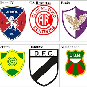 Pode incluir: Uma colagem de seis logotipos de equipes de futebol. Os logotipos estão em uma grade de duas linhas e três colunas. Os logotipos são todos de cores e designs diferentes. Os logotipos são para as seguintes equipes: Albion FC, CA Rentistas, Fenix, Cerrito, Danubio e Maldonado.