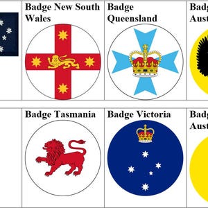 May include: An image displaying the Australian flag alongside state badges. The badges showcase designs such as a red cross, a lion, a crown, and a black swan, all within circular frames. The Australian flag is positioned in the top left corner.