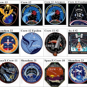May include: A collection of embroidered patches featuring space mission emblems. Designs include dragons, rockets, and stylized text such as "Crew-13", "Shenzhou-22", and "SpaceX Crew-11". The patches showcase various colors and intricate details.