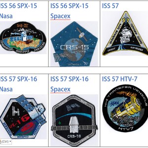 May include: A collage of nine embroidered patches representing different space missions to the International Space Station (ISS). The patches feature various designs, including a dove, a spacecraft, and a rocket. The text on the patches includes the mission names, such as "ISS 56 SPX-15" and "ISS 57 NG-10", as well as the names of the organizations involved, such as "NASA" and "SpaceX".