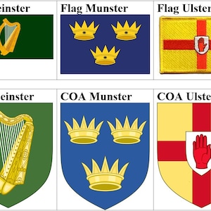 Puede incluir: Una colección de banderas y escudos de armas irlandeses. Las banderas incluyen Connacht, Leinster, Munster, Ulster e Irlanda. También se muestran los escudos de armas (COA) de Connacht, Leinster, Munster y Ulster. Cada bandera y COA tiene un diseño y color distintos.