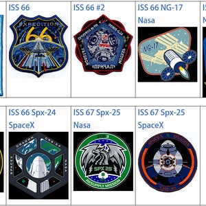 Può includere: Una collezione di nove toppe ricamate che raffigurano diverse missioni spaziali. Le toppe presentano diversi design, tra cui la Stazione Spaziale Internazionale, veicoli spaziali e astronauti. Le toppe sono di vari colori, tra cui blu, rosso, bianco e nero.