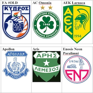 May include: A collage of logos for Cypriot football clubs. The logos are arranged in a grid of two rows and five columns. The logos are all in different colours and designs, but they all feature the name of the club and the year it was founded.