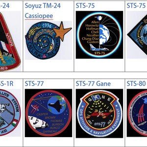 May include: A collage of nine space mission patches, including Soyuz TM-24, STS-75, STS-77, and STS-80. The patches feature various designs, including a satellite, a space shuttle, and a globe.