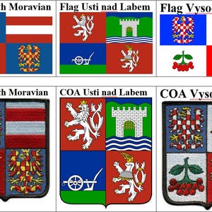 May include: A collection of flags and Coats of Arms (COA) from various regions. The flags feature diverse designs with colors like red, white, blue, green, and yellow. The COAs are embroidered patches with detailed heraldic symbols, including lions, grapes, and castles.