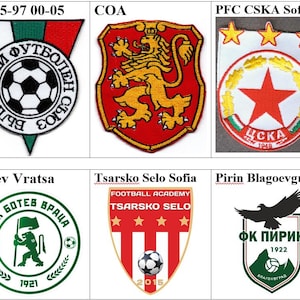 Puede incluir: Una colección de parches bordados con varios logotipos de clubes de fútbol. Los parches muestran nombres y emblemas de equipos, incluyendo balones de fútbol, leones, estrellas y texto. Los colores incluyen rojo, verde, blanco, amarillo y negro.