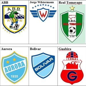 May include: A collection of soccer team logos, each with unique designs and colors. The logos include team names like "FA", "ABB", "Jorge Wilstermann", "Real Tomayapo", "CDT Real Oruro", "Always Ready", "Aurora", "Bolivar", and "Guabira".