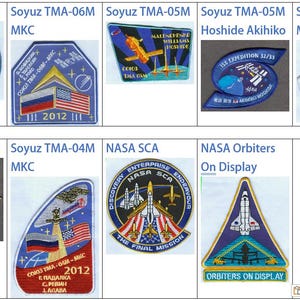 May include: A collection of nine embroidered patches featuring space exploration themes. The patches are blue, white, and red with various designs including a space shuttle, a globe, and a rocket. The patches are labeled with the names of the missions they represent, such as Soyuz TMA-06M and NASA SCA.