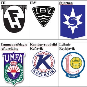 Pode incluir: Uma coleção de logotipos de várias equipas desportivas, cada um com designs e esquemas de cores únicos. Os logotipos incluem texto como "Breioablik", "FH", "IBV", "Stjarnan", "Valur", "Vestri", "Ungmennafelagio Afturelding", "Knattspyrnudeild Keflavik" e "Leiknir Reykjavik".