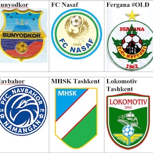 May include: A collection of embroidered soccer team patches, including logos for UFA, Bunyodkor, FC Nasaf, Fergana, Pakhtakor Tashkent, Navbahor, MHSK Tashkent, and Lokomotiv Tashkent. Each patch features team names and logos.