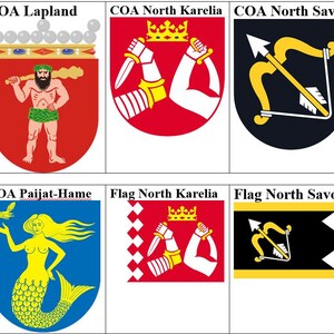 Puede incluir: Una colección de escudos de armas y banderas, cada uno con diseños y colores únicos. Los escudos presentan varios símbolos, incluyendo un pez, un hombre con un garrote, espadas, arcos y flechas, y animales. Las banderas tienen un diseño similar.
