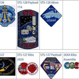 Op de afbeelding: Een verzameling NASA-missie patches, waaronder de STS-128 missie patch met de tekst "17A" en de STS-127 missie patch met de tekst "127".