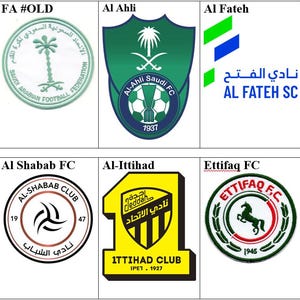 Puede incluir: Una colección de logotipos de clubes de fútbol saudíes, incluyendo Al Nassr FC, Al Hilal SFC y Al Ahli Saudi FC. Los logotipos presentan diversos diseños, colores y textos, representando diferentes equipos y organizaciones.