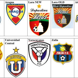 Puede incluir: Un collage de logos de equipos de fútbol venezolano. Los logos están dispuestos en dos filas de cinco. Los logos son todos de diferentes colores y diseños. Los logos incluyen los nombres de los equipos, como Mineros de Guayana, Aragua, Lara NEW, Lara OLD, Atletico CF, Trujillanos, Universidad Central, Yaracuvanos, Zulia.