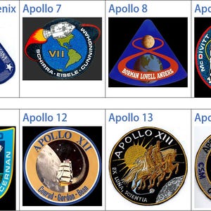 May include: A collection of embroidered patches featuring the Apollo space missions. Each patch displays unique designs, including rockets, planets, and mission names like Apollo 7, 8, 9, 10, 12, and 13. The patches are colorful and detailed.