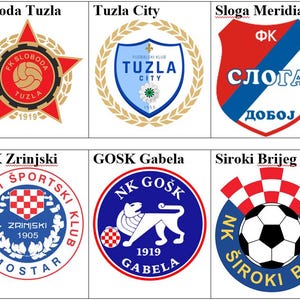 Könnte beinhalten: Eine Sammlung von zehn Fußballmannschaftslogos, jedes mit einzigartigen Designs und Farben. Die Logos zeigen Teamnamen und enthalten oft Symbole wie Sterne, Schilde und Fußbälle. Zu den Teams gehören Igman Konjic, Sloboda Tuzla, Tuzla City, Sloga Meridian und Velez.