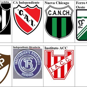 May include: A collage of six different soccer team logos. The logos are all in a shield shape and feature various colors and designs. The logos include the names of the teams: Atletico Central Cordoba, CA Independiente, Nueva Chicago, Ferro Carril Oeste, Platense, Independiente Rivadavia, and Instituto ACC.
