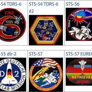 May include: A collage of ten NASA space shuttle mission patches. Each patch features a unique design with a circular or hexagonal shape. The patches are arranged in two rows of five. The patches are all colorful and feature a variety of designs, including an eagle, a satellite, a space shuttle, and a globe.