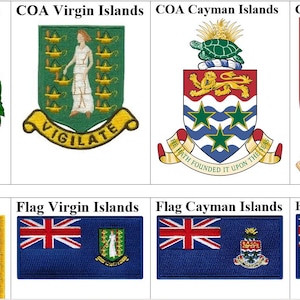 Puede incluir: Una imagen con cuatro escudos de armas y cuatro banderas, cada uno representando diferentes territorios insulares. Los escudos de armas son detallados, mientras que las banderas muestran la Union Jack y emblemas únicos.