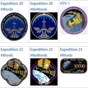 Puede incluir: Un collage de diez parches circulares, cada uno representando una misión espacial diferente. Los parches presentan varios diseños, incluyendo la Tierra, la Estación Espacial Internacional y astronautas. El texto en los parches incluye el número de la misión y los nombres de los astronautas.