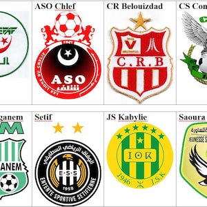 Puede incluir: Ocho logotipos de equipos de fútbol, cada uno con un diseño y esquema de color únicos. Los logotipos incluyen nombres de equipos y símbolos como balones de fútbol, estrellas y águilas. El texto está en inglés y árabe.