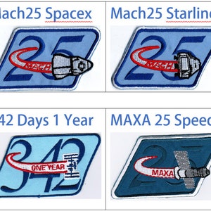 May include: A collection of eight embroidered patches featuring the text "Mach 25" and various designs, including a space shuttle, a rocket, a spacecraft, and a space station. The patches are blue, red, and white.