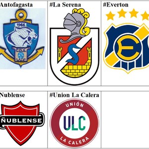Pode incluir: Logotipos de diferentes equipes de futebol do Chile. Os logotipos estão em um formato de grade com os nomes das equipes listados abaixo de cada logotipo. Os logotipos são coloridos e apresentam vários designs, incluindo uma âncora, um escudo e uma estrela.