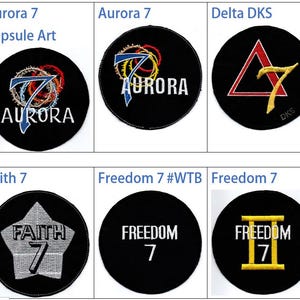 Puede incluir: Una colección de nueve parches bordados con diferentes diseños y colores. Cada parche presenta el número "7" y un diseño único, incluyendo una estrella, un triángulo y una letra estilizada "E".