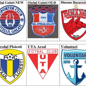 Puede incluir: Una colección de nueve parches bordados de clubes de fútbol dispuestos en una cuadrícula. Los emblemas presentan diversas formas y colores, incluyendo los logotipos de Unirea Slobozia, Otelul Galati, Dinamo Bucuresti, Gloria Buzau, Hermannstadt, Petrolul Ploiesti, UTA Arad y Voluntari.