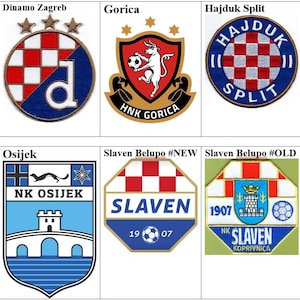 May include: A collection of nine embroidered patches featuring the logos of Croatian football clubs. The patches are all in different colors and designs, and they feature the names of the clubs, such as Dinamo Zagreb, Hajduk Split, and Rijeka.