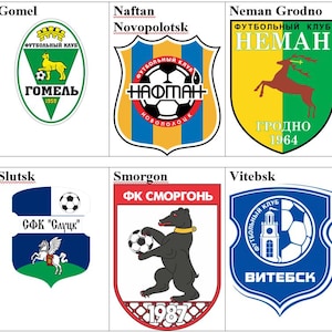 May include: A collection of logos for Belarusian football clubs, including Dnepr Mogilev, Gomel, Naftan Novopolotsk, Neman Grodno, Shakhtyor Soligorsk, Slavia Mozyr, Slutsk, Smorgon, and Vitebsk. Each logo features team names and unique emblems.