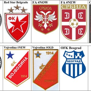 Pode incluir: Uma coleção de nove patches bordados com vários logotipos de clubes de futebol. Os patches exibem nomes de equipes e emblemas em vermelho, branco, azul e dourado. Os logotipos incluem estrelas, águias e escudos.