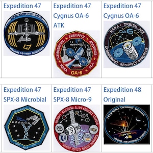 May include: A collection of nine embroidered patches, each representing a different space mission. The patches feature various designs, including the International Space Station, a rocket, and a spacecraft. The patches are all circular or triangular in shape and have a variety of colors, including red, white, blue, and black.