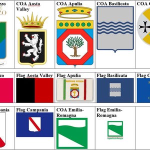May include: A collection of Italian regional coat of arms (COA) and flags. The image displays various designs, including shields, crowns, and flags with diverse colors and symbols, such as trees, lions, and wavy lines.