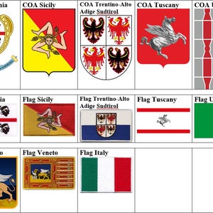 May include: A display of Italian regional flags and coats of arms. The image showcases flags and coats of arms for Sardinia, Sicily, Trentino-Alto Adige, Tuscany, Umbria, Veneto, and Italy. The flags are in various designs and colours, including red, white, green, and yellow.