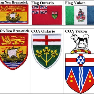 May include: A collection of embroidered patches featuring flags and coats of arms. The patches include the flags of Manitoba, New Brunswick, Ontario, Yukon, and Newfoundland and Labrador, along with their respective coats of arms.
