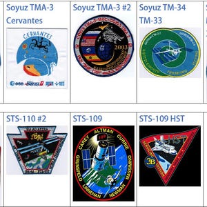 May include: A collage of nine space mission patches. The patches are circular and rectangular in shape and feature various designs, including astronauts, spacecraft, and the Earth. The patches are from the Soyuz TMA-3, Soyuz TMA-3 Cervantes, Soyuz TMA-3 #2, Soyuz TM-34 TM-33, Soyuz TM-34 Marcopolo TM-33, STS-110, STS-110 #2, STS-109, and STS-109 HST missions.