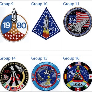 May include: A collection of 10 embroidered patches featuring space shuttle designs. The patches are circular, diamond, and rocket-shaped. Each patch features a different design and text, including "Group 8", "Group 9", "Group 10", "Group 11", "Group 12", "Group 13", "Group 14", "Group 15", "Group 16", "35 1978", "1980", "XIV", "GROUP XV", "1995", and "XIII".