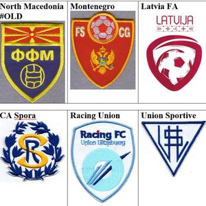 May include: A collection of nine embroidered sports patches featuring various team logos, including North Macedonia, Montenegro, Latvia FA, Skonto FC, Luxembourg FA, CA Spora, Racing Union, and Union Sportive, displayed in a grid layout.