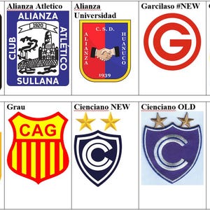 Puede incluir: Una colección de 10 logotipos de equipos de fútbol, incluyendo Cantolao, Alianza Atlético, Alianza Universidad, Garcilaso, Tarma, Grau y Cienciano. Los logotipos se muestran en un formato de cuadrícula con un fondo blanco.