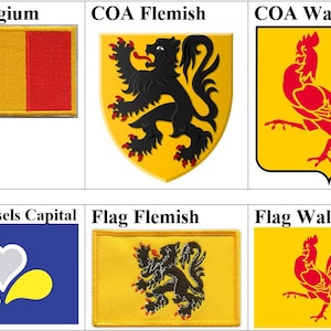 Może przedstawiać: Kolekcja sześciu naszywek z flagami i emblematami. Zawiera flagę Belgii, herb Flandrii, herb Walonii, flagę Brukseli, flagę Flandrii i flagę Walonii.