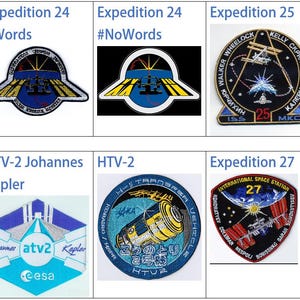 Puede incluir: Un collage de nueve parches de diferentes misiones espaciales. Los parches son todos de forma circular o cuadrada y presentan varios diseños, incluyendo la Tierra, la Estación Espacial Internacional y naves espaciales. Los parches son todos de diferentes colores, incluyendo rojo, azul, blanco y negro.