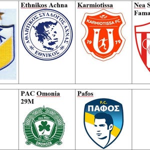Op de afbeelding: Logo's van 10 Cypriotische voetbalclubs, waaronder APOEL FC, Ethnikos Achna, Karmiotissa, Nea Salamis Famagusta, Omonia Aradippou, PAC Omonia 29M en Pafos FC.