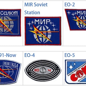 May include: A collection of nine embroidered patches featuring the logos of the Soviet space program, including the Glavkosmos logo, the MIR space station logo, and the Soyuz spacecraft logo. The patches are all blue and red with white lettering and stars.