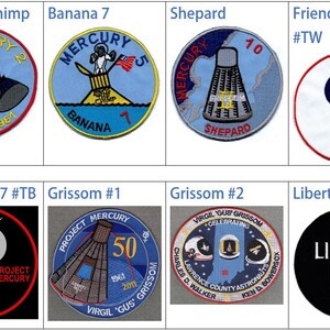 May include: A collection of eight embroidered patches featuring designs related to the Mercury space program. The patches display text such as "Ham the Chimp," "Banana 7," "Shepard," and "Liberty Bell 7," along with various illustrations and dates.